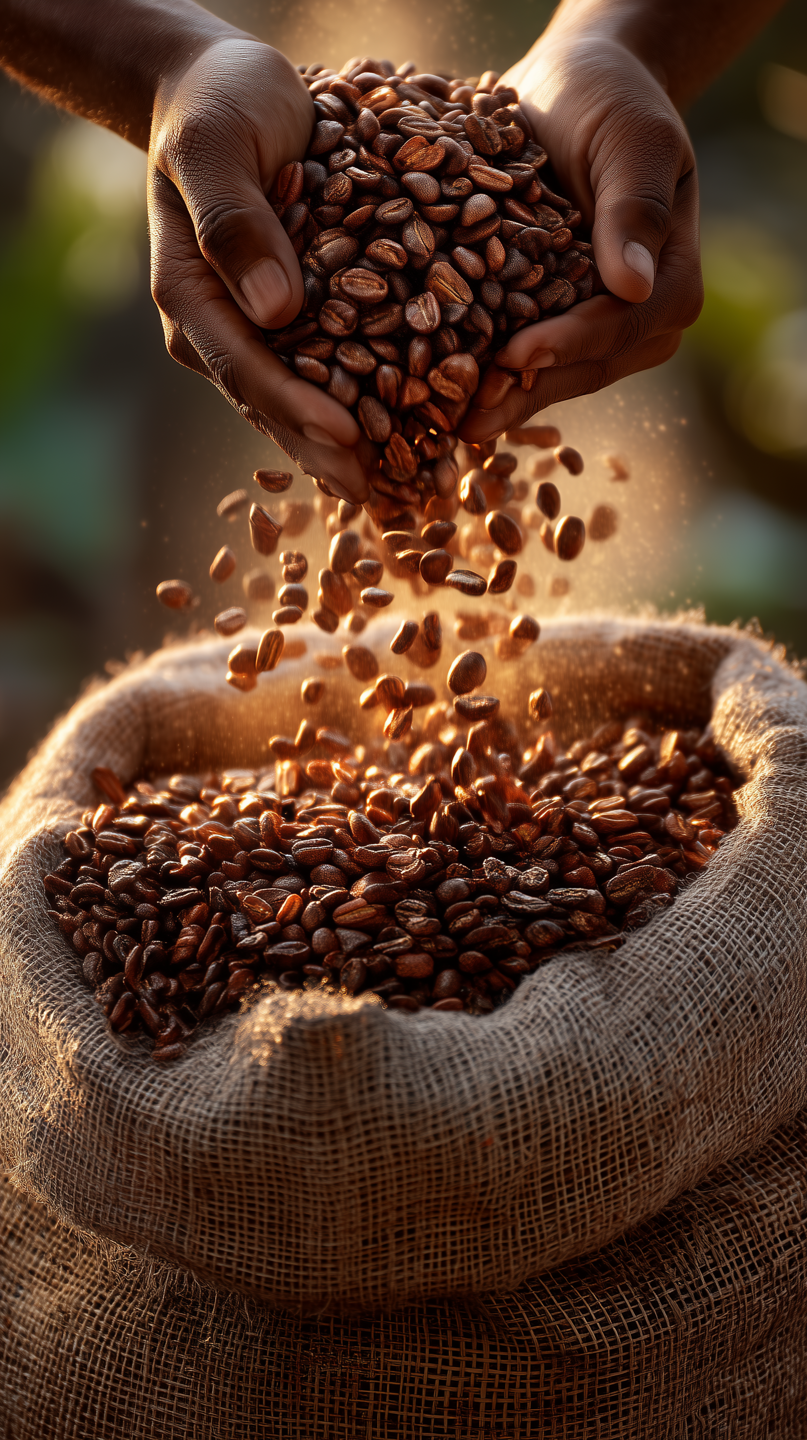 Coffee beans being poured into a sack